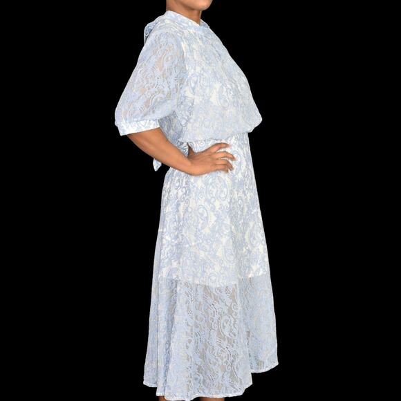 Kaimilan Lace Dress Purple Lilac Midi Short Sleeve Tie Neck Blouson Size Medium - Picture 6 of 16